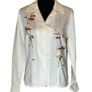 Coldwater Creek Ivory Floral Embroidered Linen Cotton Button Up Blouse Size 8